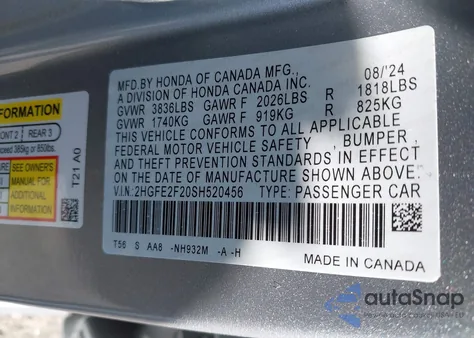 2025 Honda Civic Lx z USA, uszkodzony, nr VIN 2HGFE2F20SH520456